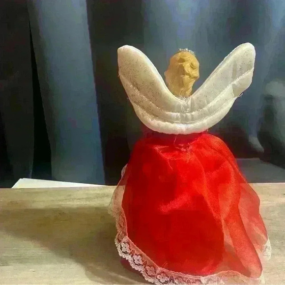 Vintage Christmas Tree Topper Angel, Blonde Hair, Red Dress, approximately 9.5” - Picture 4 of 5